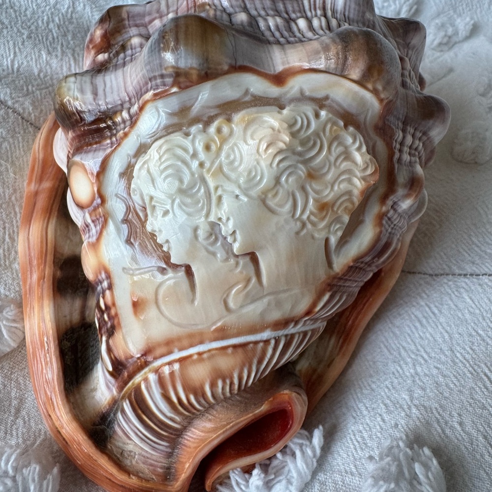 Vintage Hand Carved Cameo Helmet Shell with Profile of Twins 5.5" Long